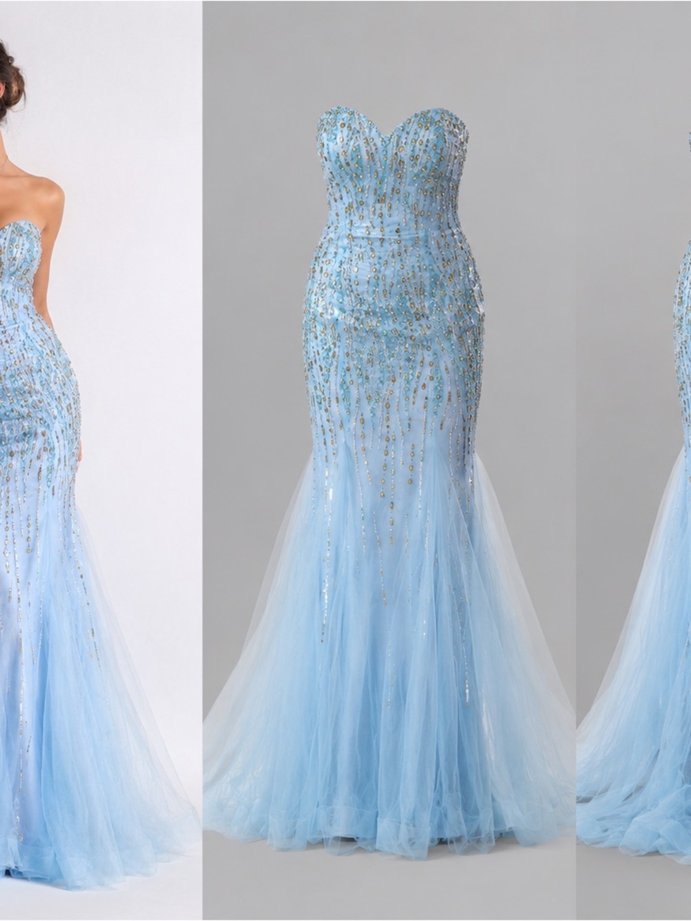 Strapless Light Blue Beaded Mermaid Gown